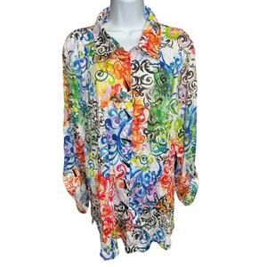 Ali Miles PM Top Abstract Geometric Crepe Fancy Button Up Roll Tab Petite Medium